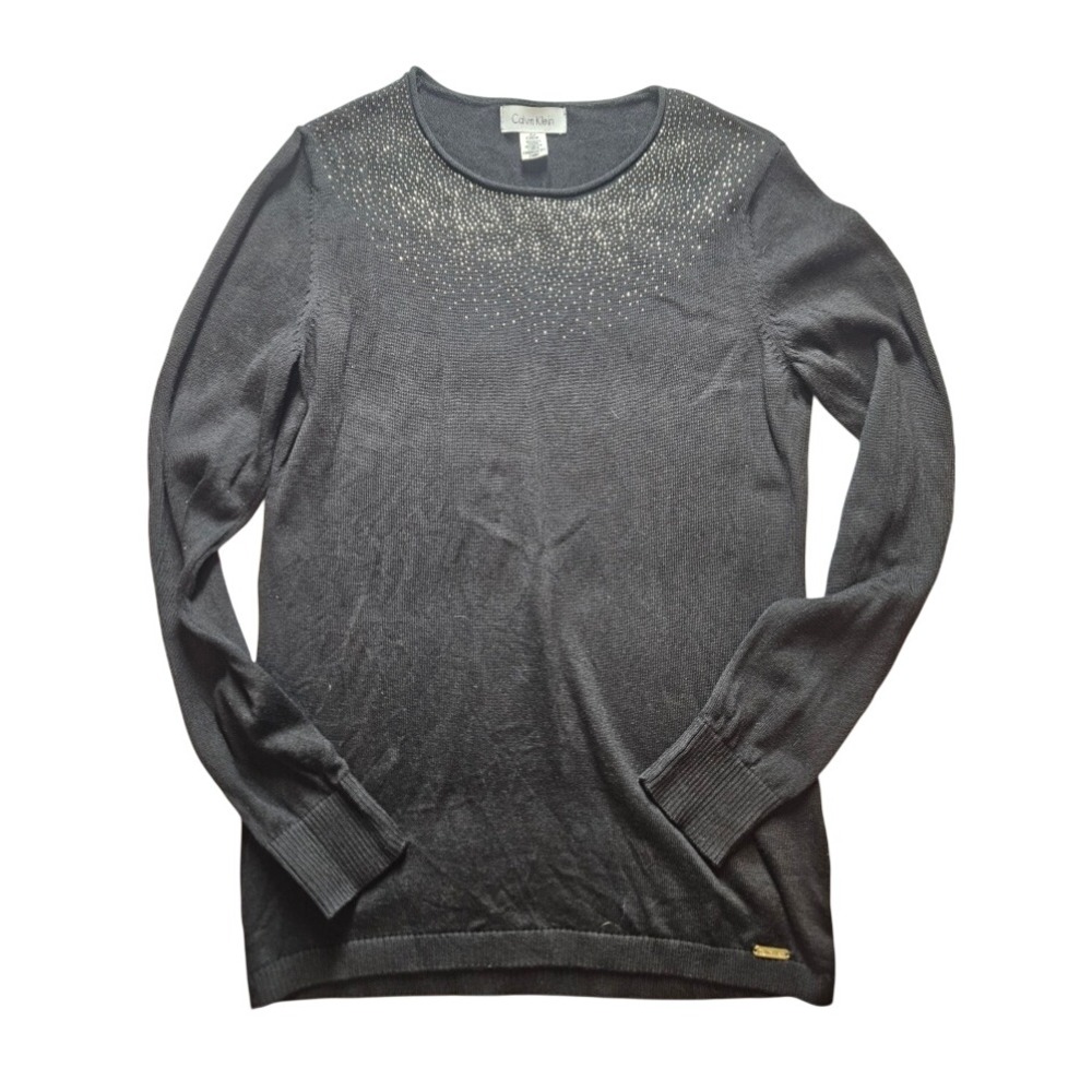 Calvin Klein Black Studded Crew Neck Sweater Long Sleeve Cotton Modal Small